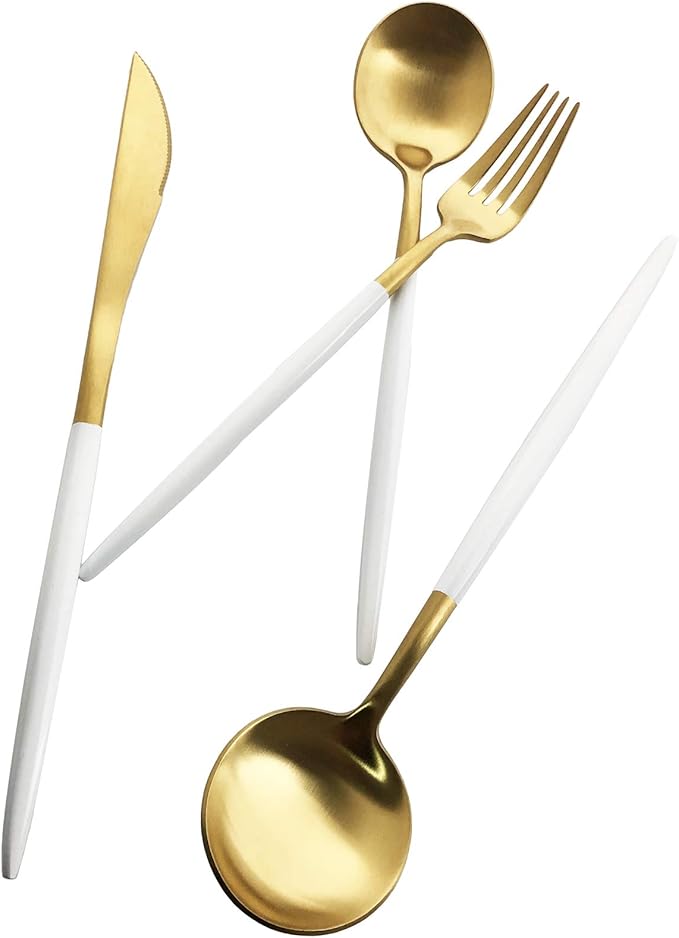 Silverware Set, Hand polished Matte Gold White Flatware Cutlery Set Service for 4, Satin Finish 20 Pieces 18/10 Stainless Steel Utensils Set for Home and Restaurant, Dishwasher Safe