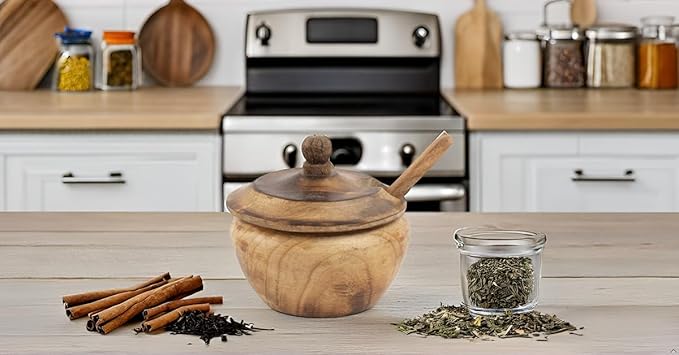 Decorative Rustic Wooden Sugar Bowl & Spoon With Lid Wide Mouth Candy Treat Jar Spice Jar Holder Condiment Nuts Serving Bowl Pot Salt Spice Herb Loose Leaf Tea Storage Container Novelty Home & Kitchen