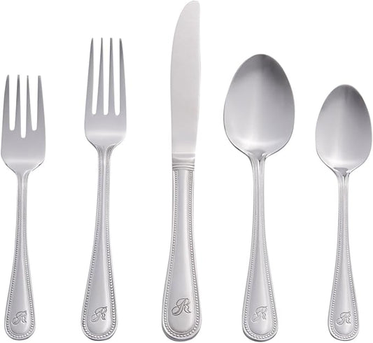RiverRidge Monogrammed Beaded Flatware Set - R - 46-Piece Silverware with Custom Letter Stamp, 18/0 Stainless Steel Utensils Set for Daily Use & Special Occasions - Dishwasher Safe, Versatile Design