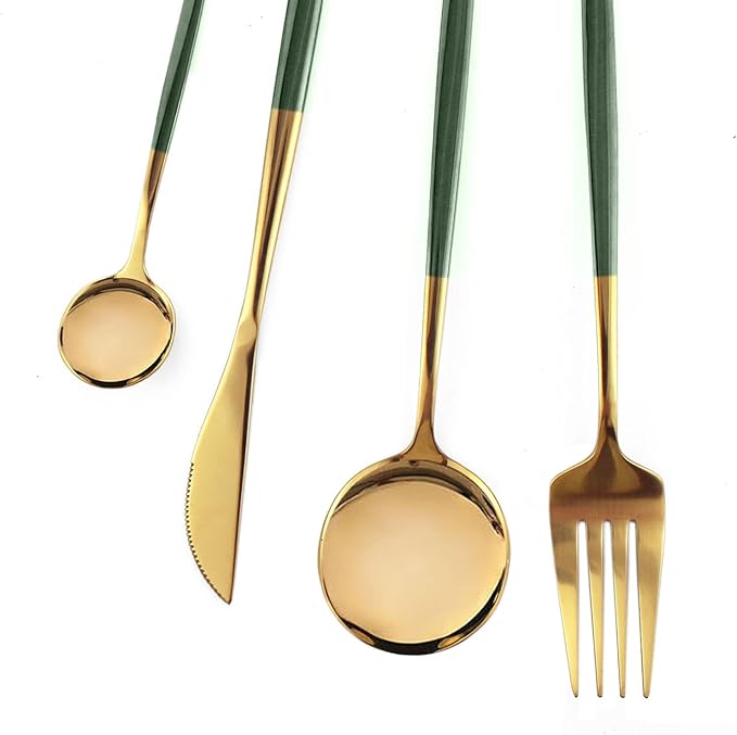 24-Piece Green Gold Korean Silverware Sets Mirror Polished Stainless Steel Modern Flatware Cutlery Set Service for 6 Including Forks Spoons Knives Kitchen(Dark Green Gold)
