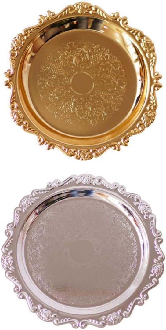 2 Pcs Stainless Steel Food Serving Trays Fruit Plates Dessert Platters Bread Trays Silver and Gold Metal Serving Dishes for Wedding Hotel Party
