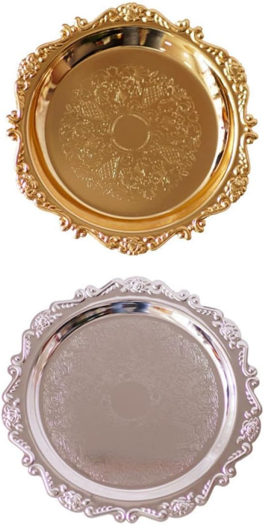 2 Pcs Stainless Steel Food Serving Trays Fruit Plates Dessert Platters Bread Trays Silver and Gold Metal Serving Dishes for Wedding Hotel Party