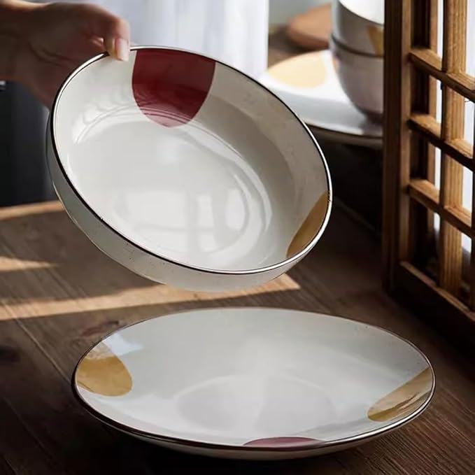 FEELIN Modern Large Dinner Plates Japanese Ceramic Plate Home Dish Plate Rice Bowl Retro Shallow Plate Steak Plate Dinner Plate Soup Bowl Stackable Dinner Plates(Color:C)