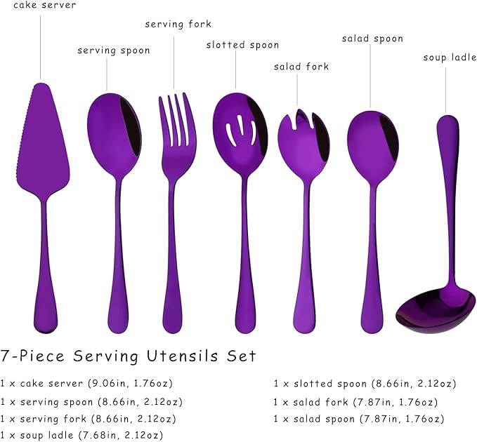 7 Pcs Purple Serving Utensils, Stainless Steel Flatware Serving Set, Include Cake Server/Slotted Spoon/Serving Spoon and Fork/Soup Ladle, Serveware Set for Buffet and Party