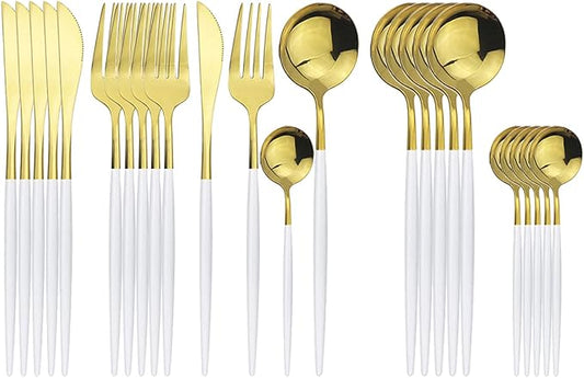 Gold Silverware Set, 24-Piece Stainless Steel Flatware Set Service For 6, Mirror Polished White Handle Tableware Cutlery Set Knife Fork And Spoon For Home & Restaurant, Dishwasher Safe