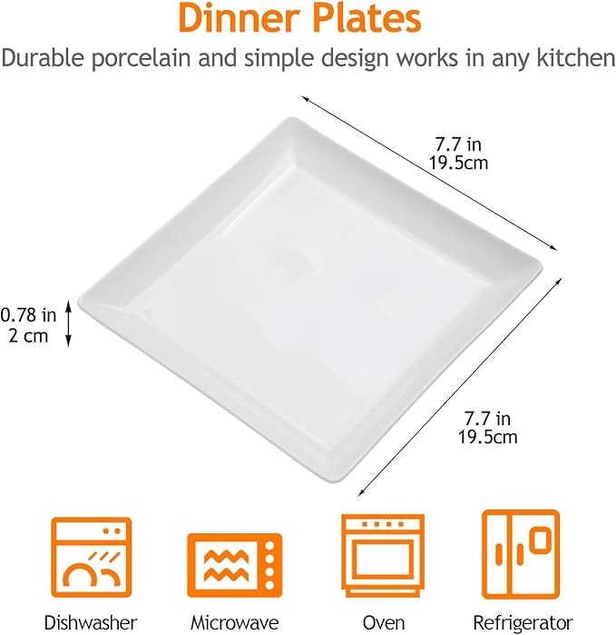 Ceramic Square Dinner Plates,7.7 Inch Square Serving Plate for Steak, Pasta, Salad, Snacks, Dessert, Appetizer Plates-Set of 4