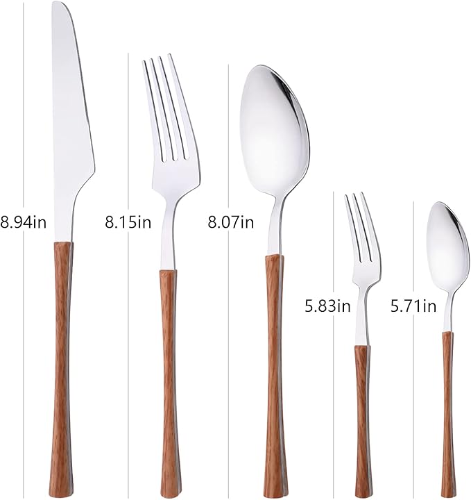 20 Piece Stainless Steel Cutlery Flatware Set, Mirror Polished Silverware Set with Wood Grain Handle, Kitchen Utensil Sets for 4, Tableware With Knife Spoons And Forks Set (Brown Silver)