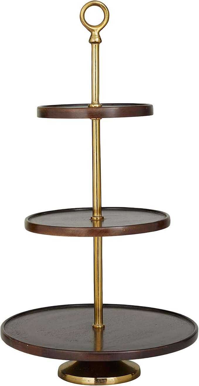 Deco 79 Mango Wood 3 Level Tiered Server with Gold Stand, 15" x 14" x 26", Dark Brown