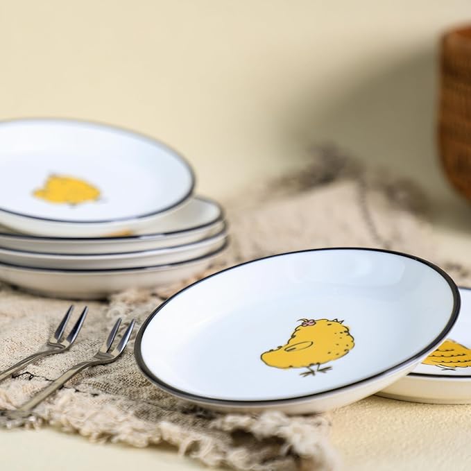 SOCOSY Cute Cartoon Animals Seasoning Dishes Sauce Dishes Sushi Dipping Bowls Appetizer Plates Little Cat Feeding Plates, Serving Dish for Home Kitchen Restaurant-Chicks-5 Inch, Set of 6