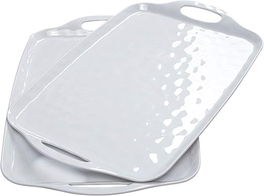TP Large Serving Trays with Handles, 19" x 12" Melamine Serving Platters for Food, Turkey, Set of 2 Rectangular Trays for Party, Pure White