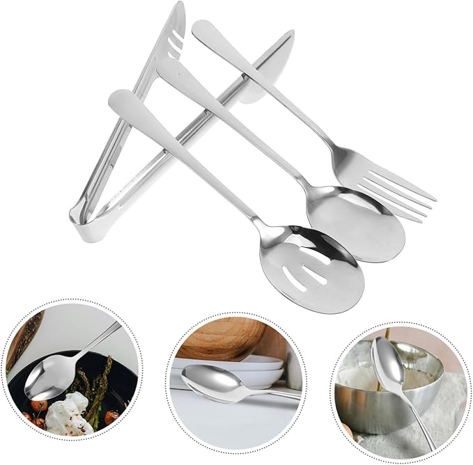 ABOOFAN 2sets Stainless Steel Utensil Set Serving Spoons Forks Slotted Spoons Tongs Portable Travel Utensils for Parties