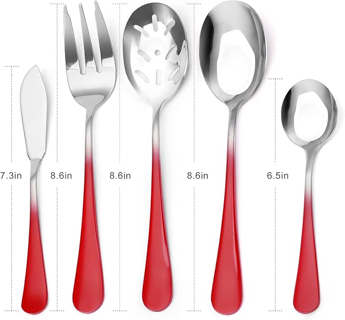 Bysta Serving Utensils Set, Gradient Red 5-Piece Hostess Set, Stainless Steel Silverware Flatware Cutlery Serving Set, Mirror Finish, Dishwasher Safe