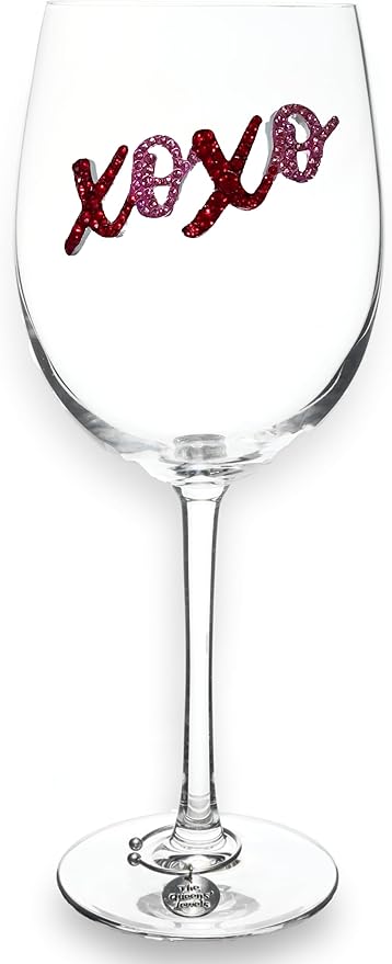 THE QUEENS' JEWELS XOXO Jeweled Stemmed Wine Glass, 21 oz. - Unique Gift for Women, Birthday, Cute, Fun, Not Painted, Decorated, Bling, Bedazzled, Rhinestone