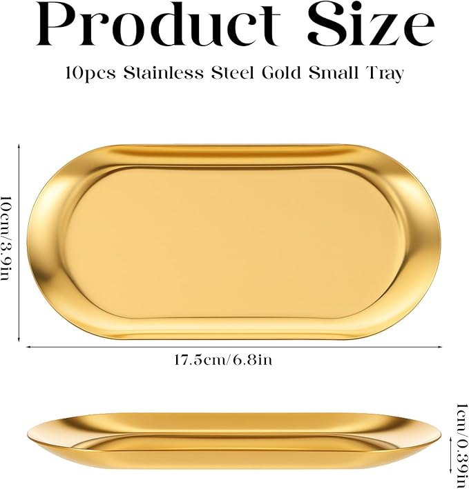 10 PCS Stainless Steel Gold Trays Serving Platters Set Bathroom Vanity Tray Decorative Jewelry Dish Small Metal Organizer Oval Storage for Perfume Trinket Buffet Snack Key