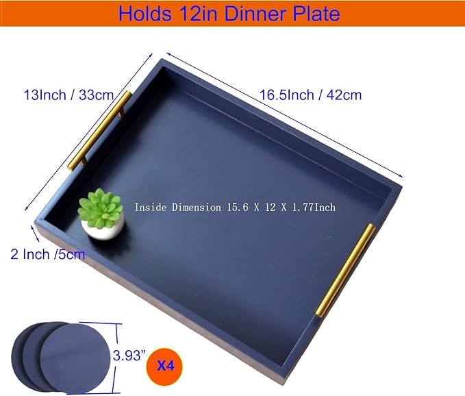 Decorative Tray with Polished Gold Metal Handles, Living Room Bathroom Coffee Bar Organizer Modern Tray for Decorative Accent Tray for Storage and Display (Sea Blue)