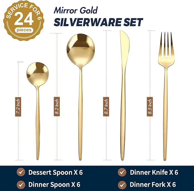 24-Piece Gold Silverware Set Gold Flatware Set for 6, Gold Spoons and Forks Set, Stainless Steel Gold Cutlery Set for Home Kitchen Restaurant Wedding, Mirror Polished Utensils Set, Dishwasher Safe