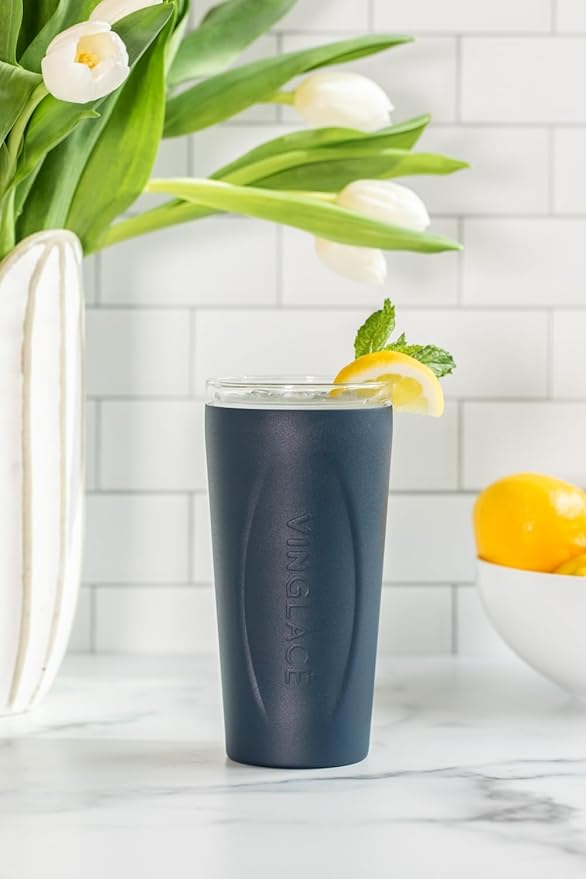 Vinglacé Stainless Steel Drink Tumbler- Insulated Hot and Cold Beverage Cup with Glass Insert and Lid, 14 oz, Navy