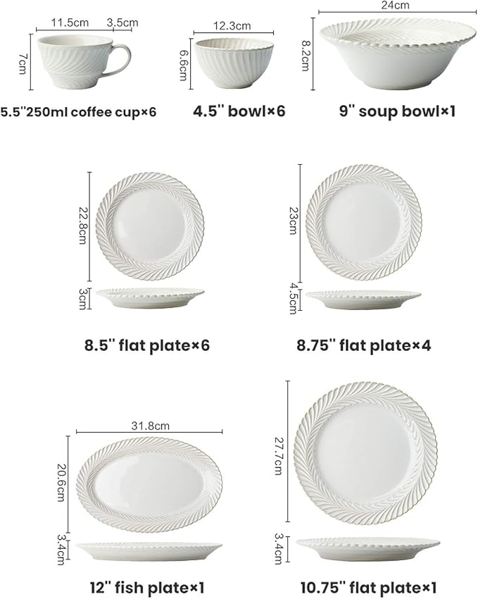 New Dinnerware Sets,Ceramics Dinner Sets, 25 Pieces White Glaze Porcelain Dinnerware Set| Retro Relief Cereal Bowl and Steak Plate Set