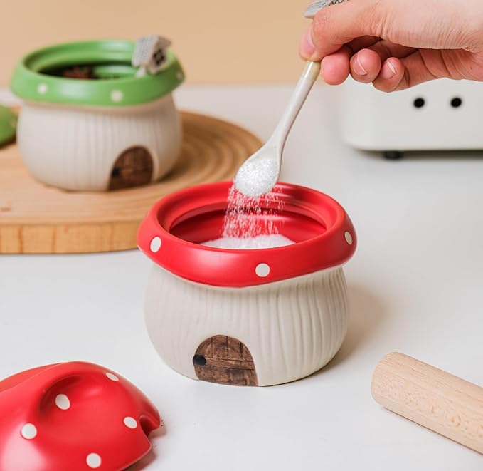 Ceramic Sugar Bowl with Lid & Spoon, Cute mushroom house design. Porcelain Seasoning Storage Jar, 14 Ounces. (Red)