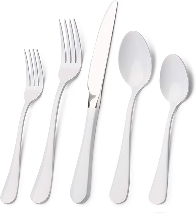 White Silverware Set, Bysta 20-Piece Stainless Steel Flatware Set, Kitchen Utensil Set Service for 4, Tableware Cutlery Set for Home and Restaurant, Knives mirror polish, Dishwasher Safe