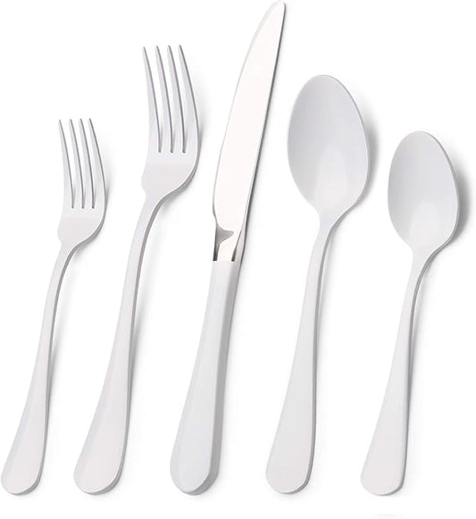 White Silverware Set, Bysta 20-Piece Stainless Steel Flatware Set, Kitchen Utensil Set Service for 4, Tableware Cutlery Set for Home and Restaurant, Knives mirror polish, Dishwasher Safe
