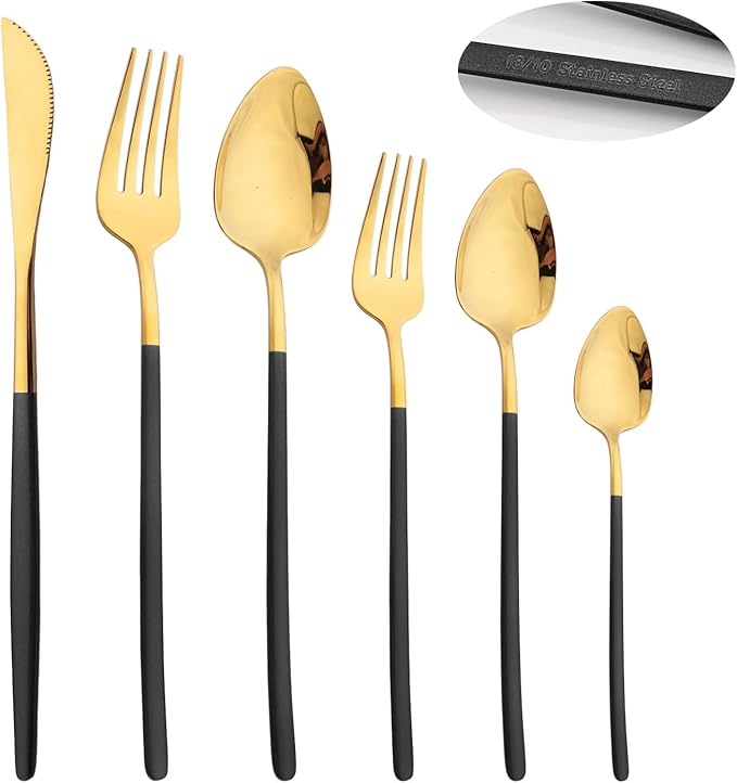 36pcs Silverware Set, 18/10 Stainless Steel Serving Flatware With Curved Handle For 6, Durable Eating Utensils For Home Entertaining, Mirror Polished (Black Gold)