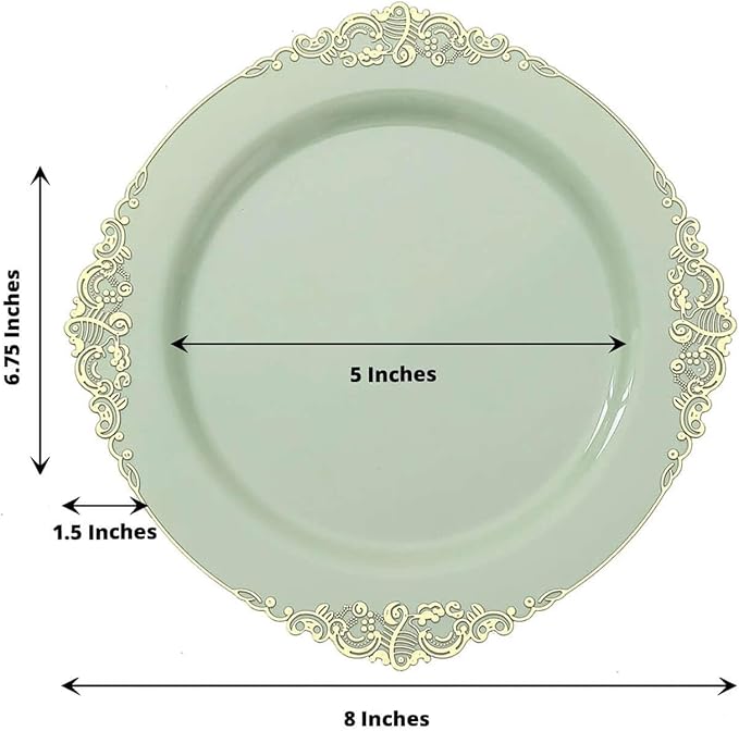 8" Salad Plates -Set of 20 - Plastic Sage Green Round Baroque Disposable Chargers Leaf Embossed Rim, Ideal for Dinner Party Wedding Bulk Events