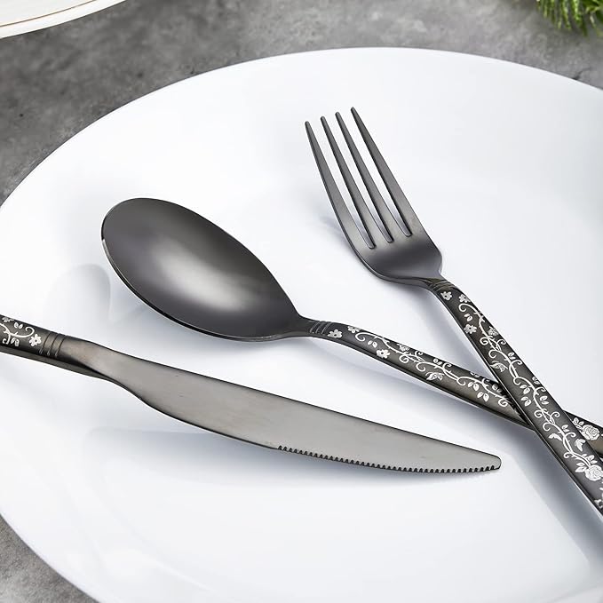 12-Piece Black Silverware Set, Flower Pattern Fancy Knife, Spoons and Forks, Stainless Steel Flatware Cutlery, Serving Utensil Set With Steak Knives, Forks and Spoons