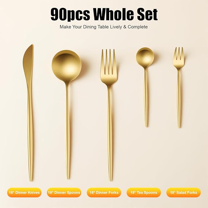 90 Pieces Gold Flatware Set, gold utensils set crafted from 410 and 420 stainless steel, gold cutlery set Include Knife Fork Spoon Set Tea Spoons Salad Forks Ideal for Kitchen Home Restaurant Wedding