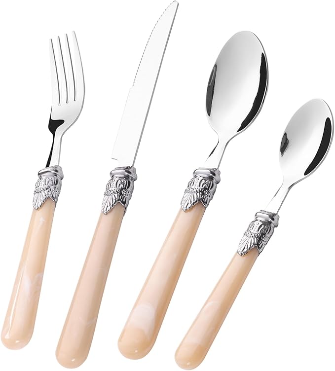 Serving Sets, 24-Piece Flatware Cutlery Set, Durable Stainless Steel Serving Utensils Set Including Dinner Forks, Knives, Spoons With Retro Handle For Steak, Salad, Soup, Tea (Set of 4)