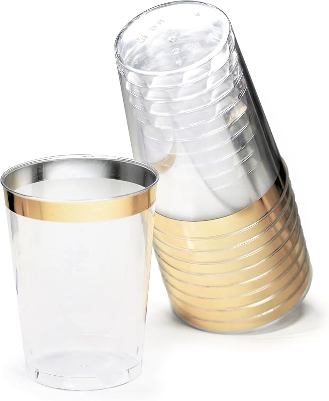 " OCCASIONS " 200pcs set (25 Guests)-Vintage Wedding Party Disposable Plastic Plates -25 x 10.25'' + 25 x 7.5'' +Silverware +Gold rim Cups +Napkins (Blossom Ivory & Gold)