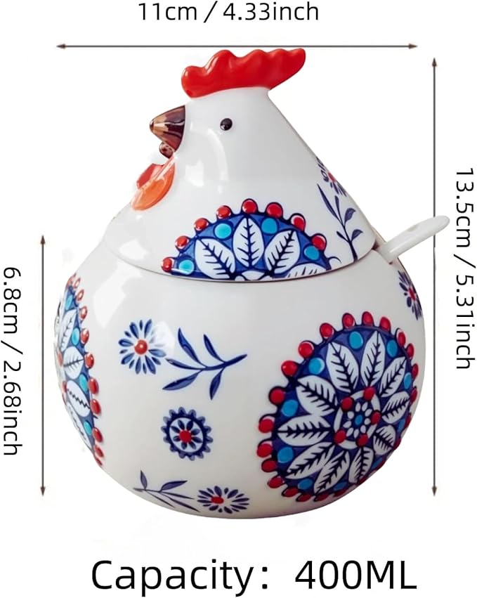 Ceramic Salt Cellar with Lid and Spoon | 13.5OZ Large Chicken Salt Container | Salt Cellar for Countertop | Salt Holder Jar for Counter Cookie Sugar Spices Candies Home Chicken Decor Rooster (Blue)