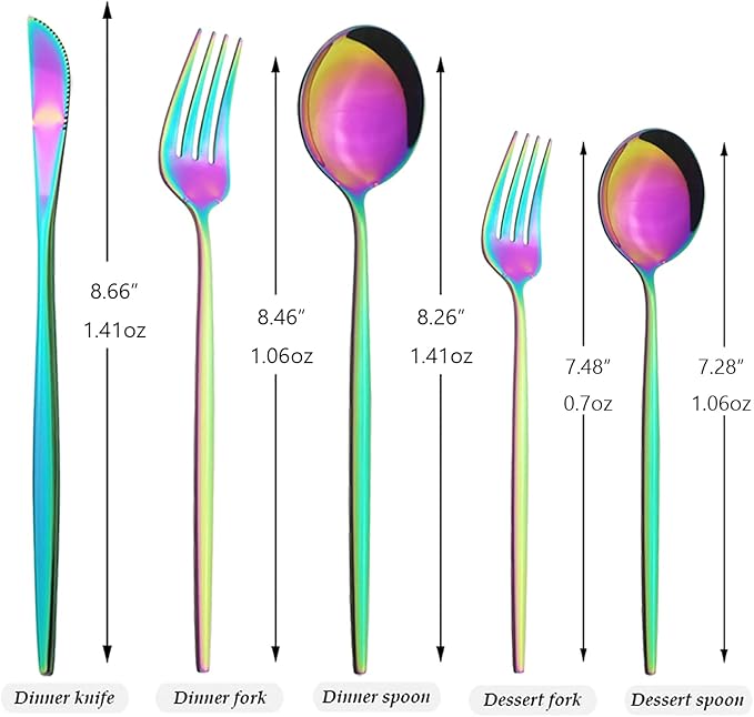 30Pcs Rainbow Simplicity Mirror Finished Cutlery Set, 18/0 Stainless Steel Daily Use Silverware Kitchen Home Restaurant Party Dessert Flatware Set Include Knife/Fork/Spoon, Service For 6