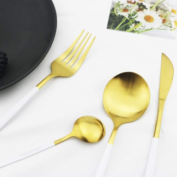 JASHII Matte Silverware Set, 24-Piece Stainless Steel Flatware Cutlery Set for 6, Ideal for Home Wedding Festival Party, Dishwasher Safe (White Handle Gold)