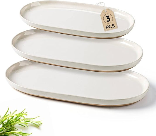 AmorArc Large Ceramic Serving Platter, 15.5"/14"/12.2" Oval Platters Microwave Safe, Serving Trays for Wedding, Stoneware Serving Dish for Entertaining&Party, Set of 3