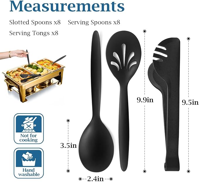 Reusable Plastic Serving Utensils Set of 24, Wheat straw Large Serving set 10" Serving Spoons/10" Slotted Spoons/9.4" Tongs, for Party Chafing Dish Buffet Catering (Black, Not for Cooking)