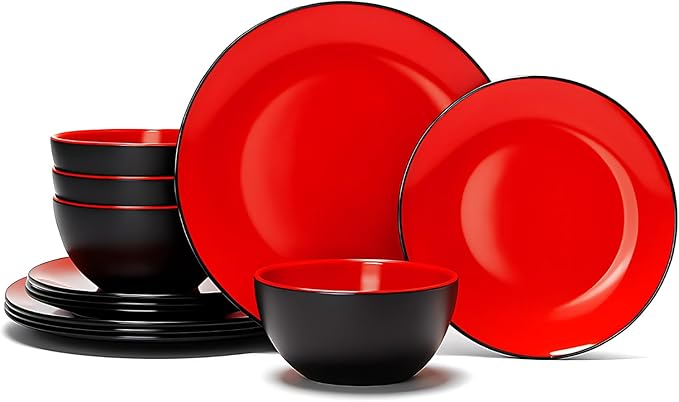 TP 12-Piece Dinnerware Set, Melamine Dishes Set with Bowls and Plates, Non-breakable and Lightweight Dinner Service for 4, Matt Black and Red