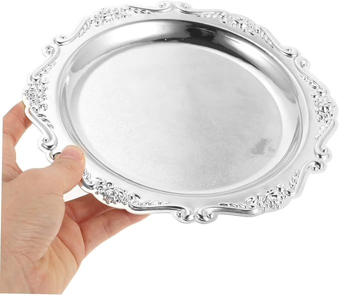 PRETYZOOM European Style Decorative Snack Plate Silver Embossed Candy Dish Vintage Cake Serving Tray for Weddings Parties Restaurants and Home Decor