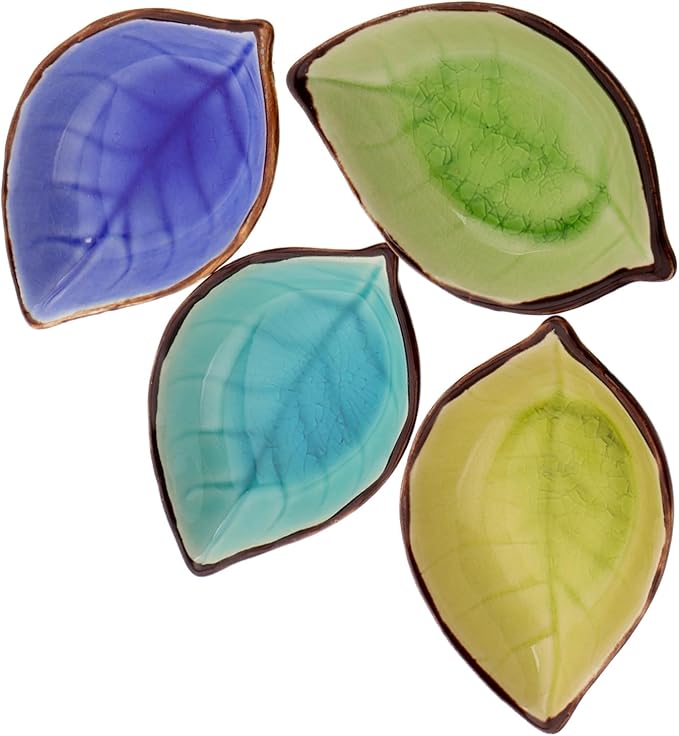 4pcs Leaf Shape Ceramic Appetizer Plates Multi-Functional Seasoning Dishes for Soy Sauce Vinegar and Snacks Kitchen Decor Unique Ice Crackle Glaze