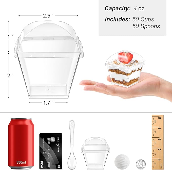 Zezzxu 50 Pack 4 oz Square Dessert Cups with Dome Lids and Spoons, Plastic Pudding Cups with Lids Mini Parfait Shooter Cups for Party Individual Banana Pudding Jello Yogurt Fruit Trifle