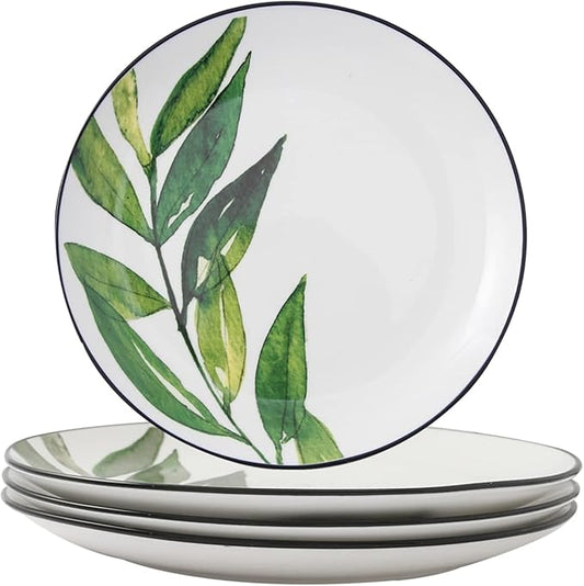 8 Inch Set of 4 Assorted Designs, Porcelain Plates With Plants Patterns,Ceramic Dinnerware Plates, Dishware With Black Rim for Sandwiches Salad Pasta, Microwave Oven Dishwasher Safe