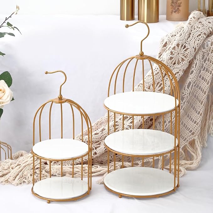 an 8.2*18.5-inch and a 6.5*13.5-inch Three-Layer Polypropylene Double-Layer Polypropylene Birdcage-Shaped Dessert Serving Tray Display Stand, Suitable for Decoration of Wedding Reception Tables.