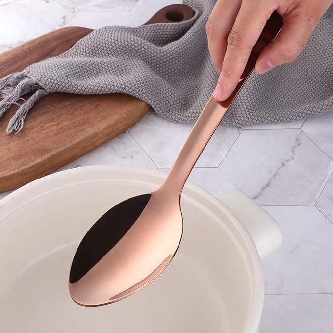 Stainless Steel Serving Spoons: Long Handle Flatware Set of 6 - Large Metal Kitchen Serving Tablespoons for Buffet Banquet 13-Inch Rose Gold