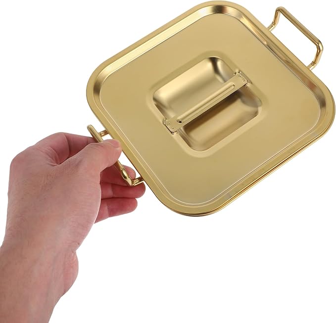 NUOBESTY Stainless Steel Square Snack Basket with Lid and Handles, Food Serving Tray for Fried Chicken, French Fries, Desserts, Party, Buffet, Kitchen (Golden)