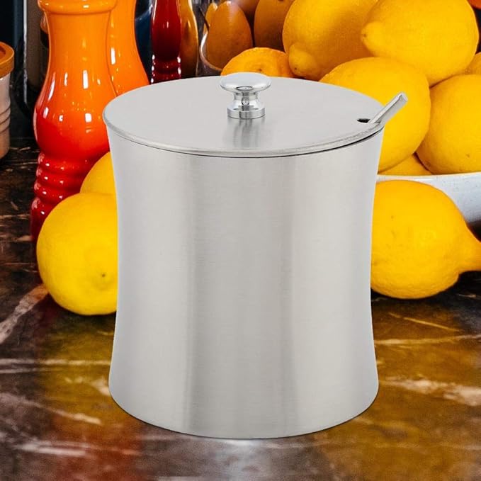 Stainless Steel Sugar Bowl with Lid & Spoon, 400ml 13.5oz Seasoning Pot for Salt, Pepper, Spices, Condiments, Rustproof Condiment Jar with Non-Slip Base, Ideal for Home, Kitchen, Restaurant