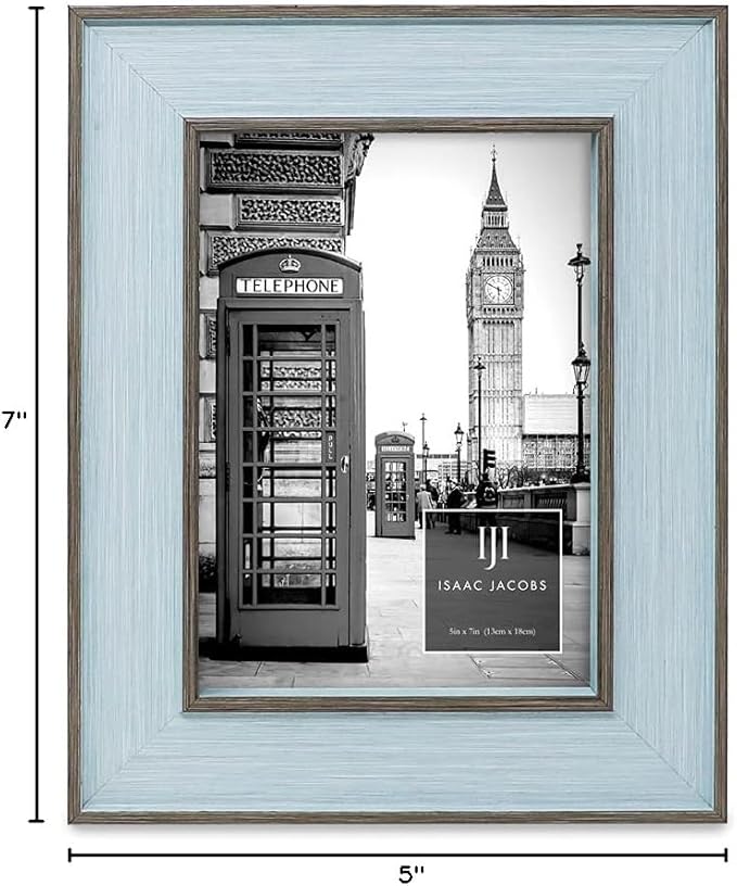 Isaac Jacobs 5x7 Blue w/Brown (Vertical & Horizontal) Double Border Picture Frame w/Black Fabric Easel, Wall-Mountable, Made for Tabletop & Gallery, Home or Office (5x7, Blue W/Brown)