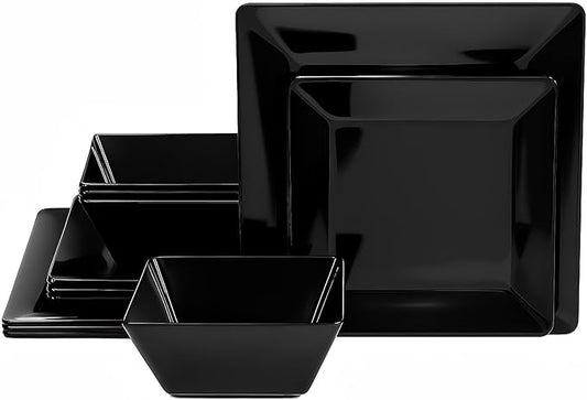 TP 12-Piece Dinnerware Set, Melamine Dishes Set with Bowls and Plates, Non-breakable and Lightweight Square Dinner Set for 4, Black