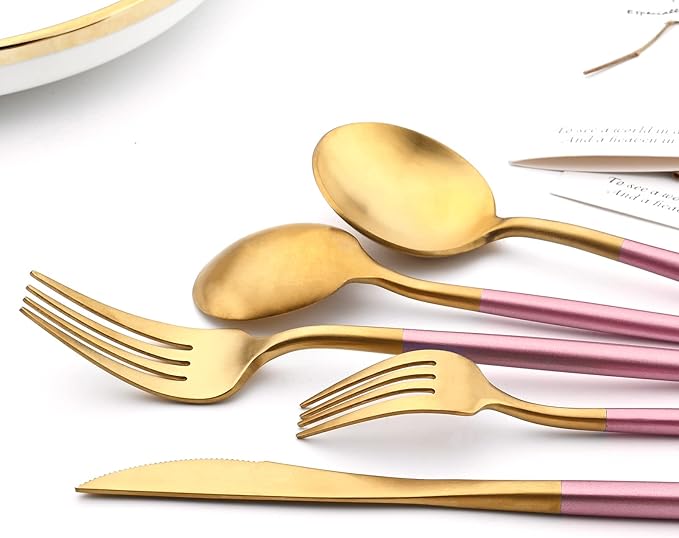 24-piece Snplowum Matte Gold Tableware, 18/10 Stainless Steel Utensils Heavy Serving Set With Pink Handle For Dinner & Dessert Home Restaurant Flatware Set, Service For 4 (Pink Gold)