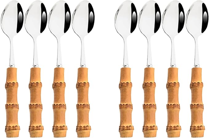 8pcs Silver Teaspoon, Stirring Spoon Bamboo Handle Ice Cream Spoon, Coffee Tea Spoon Set, Food Grade 18/10 Stainless Steel Tablespoons, 6.3-inch