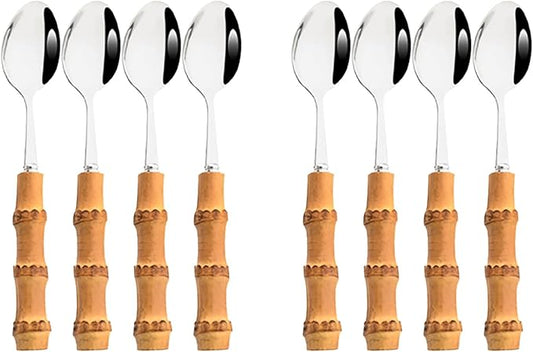 8pcs Silver Teaspoon, Stirring Spoon Bamboo Handle Ice Cream Spoon, Coffee Tea Spoon Set, Food Grade 18/10 Stainless Steel Tablespoons, 6.3-inch